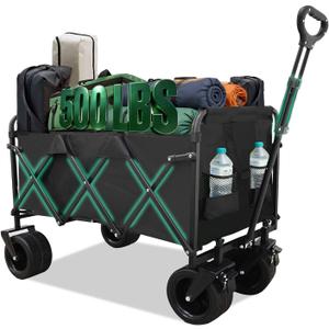 Heavy Duty Collapsible Wagon Cart, Foldable Camping Wagon with 110 cm Adjustable Handle, Big All-Terrain Wheels & Cup Holders, for Men, Heavy Hauling, Supermarket, Camping