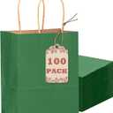 Qiqee 100PCS Gift Bag with Handles Bulk Kraft Deep Green Paper Bags Multiple Uses (8.3"x3"x6"inch Small Size)