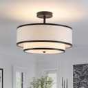 Semi Flush Mount Ceiling Light, 3-Light Double Drum Ceiling Light Fixture with Fabric Shade, Farmhouse Chandelier Dining Room Light Fixture for Bedroom, Kitchen, Hallway (Black), Large Flush Mount Ceiling Light