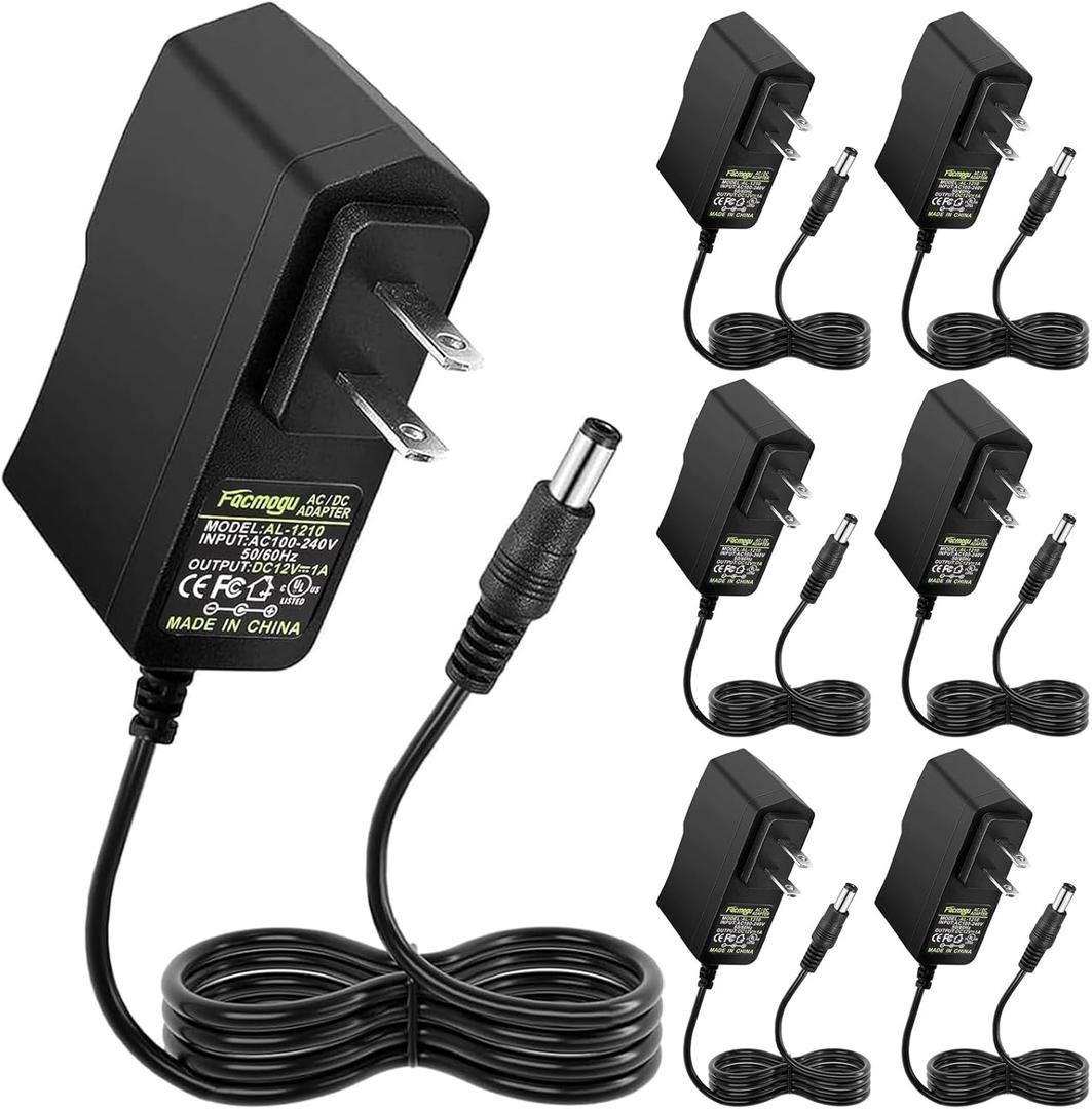 Facmogu 12V 1A Power Supply Adapters(6 Pack), AC/DC Low Voltage Transformers Converter, AC 100-240V to DC 12V 1A Wall Adapter for LED Strip Light, Router, Power Cord with 5.5x2.5mm and 5.5x2.1mm Tips