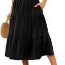 DouBCQ Women's Midi Skirt Elastic High Waist Casual Tiered A-Line Flowy Ruffle Skirts with Pockets, M