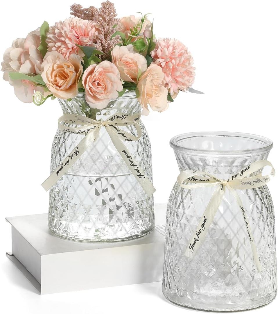 SOJOCK 2PACK Glass Flower Vases(Flowers NOT Included),6.3" High Diamond Pattern Vases,Vintage Vases for Centrepieces,Wedding Decorations,Home Table Flower Decorations (Clear)