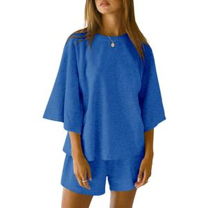 Tankaneo Womens Pajama Sets 3/4 Sleeve Oversized Tops and Elastic Waist Shorts Lounge Sets Loungewear (Small, Blue)