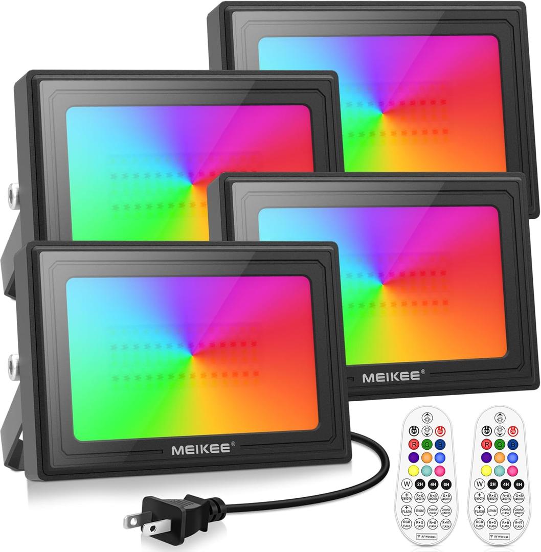 MEIKEE 35W RGBW LED Flood Lights, 3500LM RGB Color Changing Flood Security Lights, 350W Equivalent IP66 Waterproof Dimmable Wall Floodlights Christmas Halloween Decoration Outdoor Lighting (4 Pack)