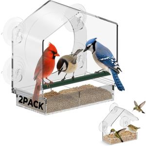 BTFSZ Window Bird Feeder with Strong Suction Cups - 2Pack Clear Sturdy Acrylic Birdfeeder for Outside Windows, 360 Clear View - No Drill Easy Install, Perfect for Cardinals & Finches,etc(2025 New) (1 large+1 small)