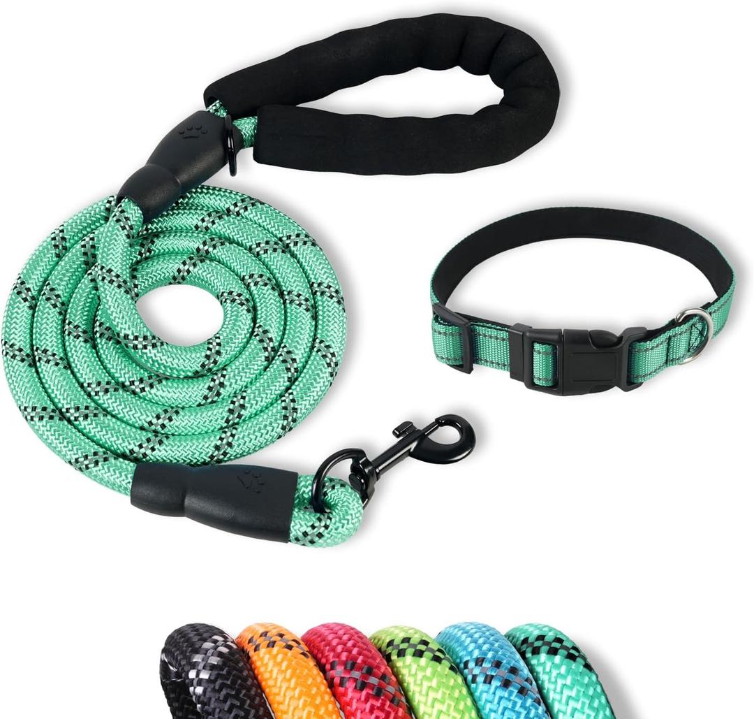 Dog Leash with Dog Collar, 5FT Reflective Heavy Duty Leash with Padded Handle& Adjustable Collar for Small Medium Large Dogs for Walking, Running, Park Play Night Safety M