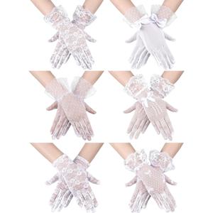 Geyoga 6 Pairs Women Lace Gloves Wedding Tea Party Gloves Elegant Short Novelty Floral Accessories for Funeral Christmas (White)