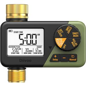 Diivoo Brass Sprinkler Timer, IP66 Waterproof Programmable Hose Timers for Watering with Large Display, Rain Delay & Manual Mode for Outdoor Automatic Irrigation of Garden, Lawn, Yard