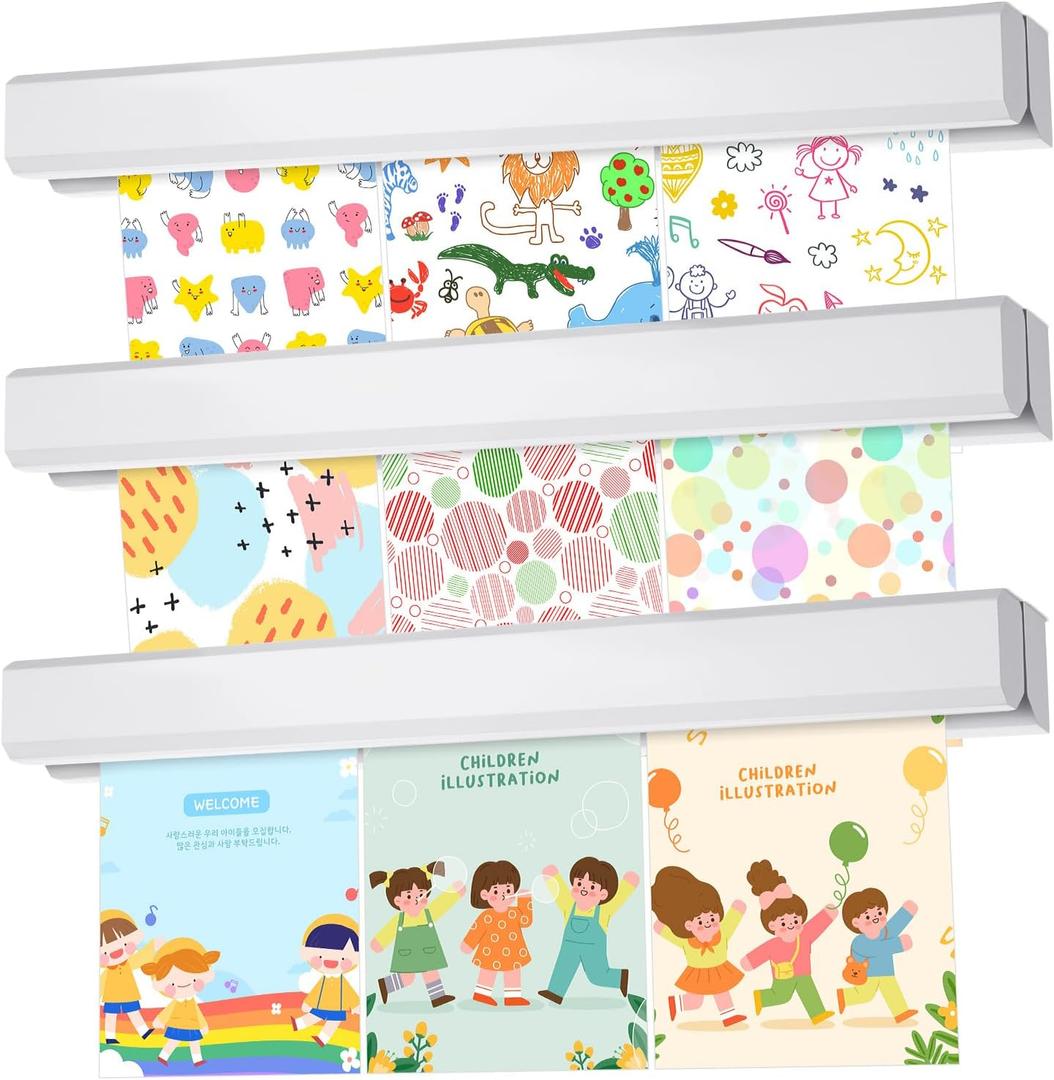 3 Pack Kids Wall Mounted Hanging Magnetic Artwork and Picture Display Bar for Displaying Pictures and Memos in Schools or at Home(White)