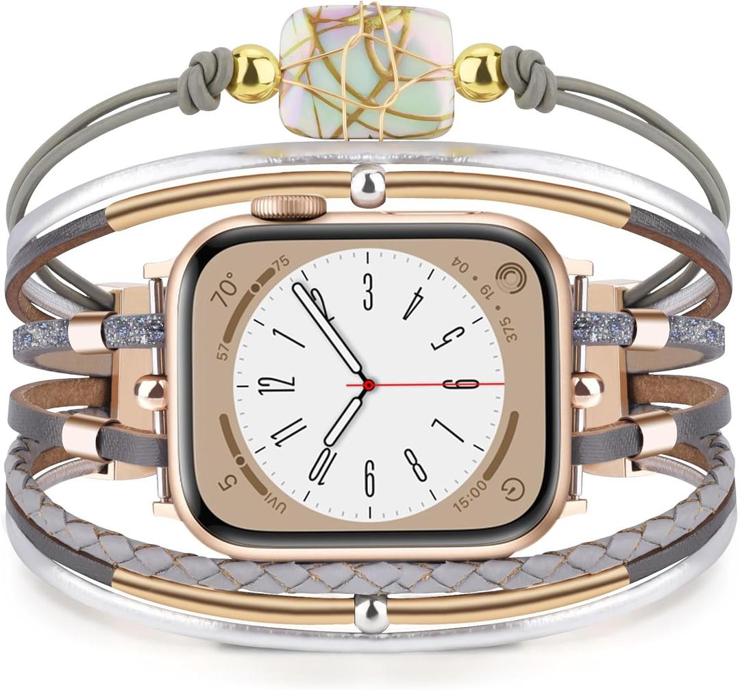 CAGOS Compatible with Apple Watch Bands 38mm 40mm 41mm for Women, Dressy iWatch Bracelet with Boho Multi-Layer Leather Straps and Jewelry Charms for iPhone Watch Series 9/8/7/6/5/4/3/2/1/SE, Silver