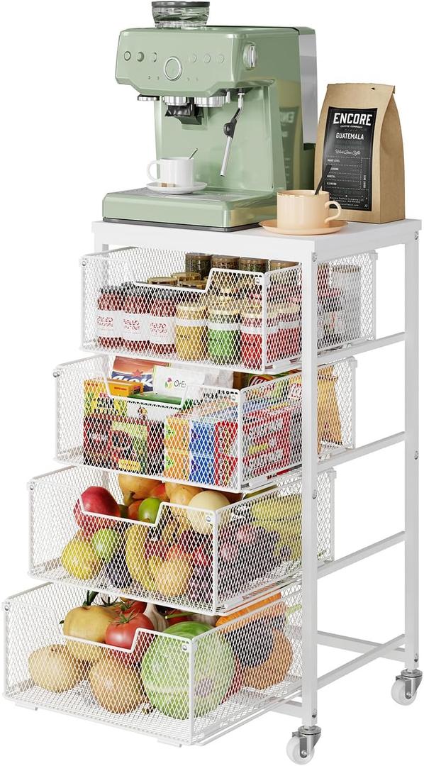 4-Tier Kitchen Storage Cart - Fruit Vegetable Storage Cart with Drawers, Wooden Top Metal Wire Kitchen Organizer and Storage Cart with Wheels to Storage Onions Potatoes Cans Snacks for Kitchen (White)