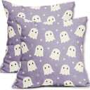 Farmhouse Cotton Linen Pillowcases - Cute Ghost 18x18 Inch Purple And White Spooky Throw Pillow Covers Set of 2 For Halloween Home And Outdoor Decor