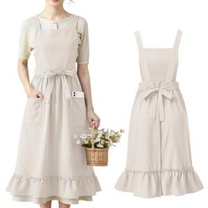 100% Cotton Aprons with Pockets Pinafore Dress for Women Vintage Cute Aprons for Kitchen Baking Gardening Painting (Beige)