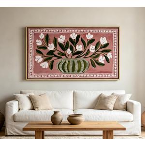 Large Framed Abstract Floral Wall Art, Vintage Muted Blush Flower Canvas, 32"LX16"W