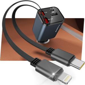RAMPOW 4-in-1 Retractable Car Charger 65W, USB C Car Accessories Adapter for iPhone 16 USB C Charger Fast Charging, Travel Essentials Gifts for Women Men, for iPhone 16/15/14/13/12, iPad, Samsung