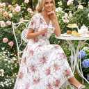 Bebonnie Womens Summer Wrap V Neck Short Sleeve Flowy Layers Chiffon Wedding Guest Maxi Dresses (White, L)