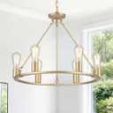 6-Lights Gold Chandelier | Dia 24'' Farmhouse Wagon Wheel Chandelier | Rustic Hanging Dining Room Light Fixture | Apply to Living Room | Kitchen Island | Entryway | Foyer