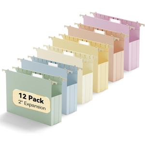 Plastic Extra Capacity Hanging File Folder Letter Size,Expanding Hang Folder with Tab,Heavy Duty 2" Expansion Accordian Pocket,12 Pack Reinforced Pastel Color Filing Cabinet Folders,No Assembly