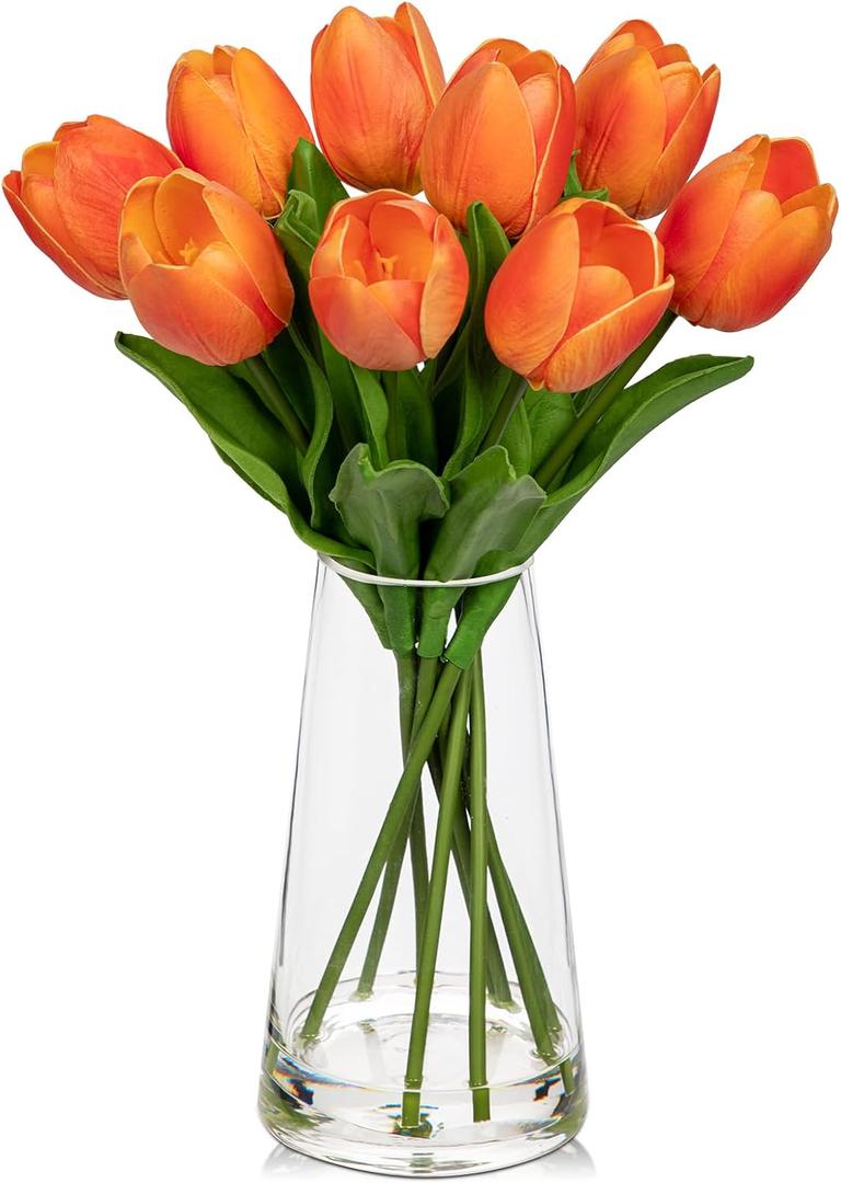 Fake Tulips Artificial Tulip Flowers in Glass Vase with Faux Water, 14.2" Real Touch Orange Tulip Flowers Dcor for Table Centerpiece Home Farmhouse Resto Wedding Decoration