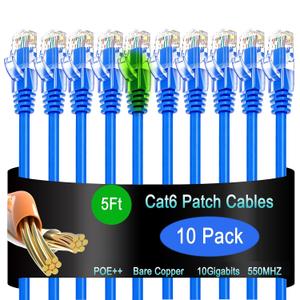 Cat6 Ethernet Patch Cable 5 ft (10 Pack), Cat6 Data Center & Home/Enterprise Network Cable - Blue