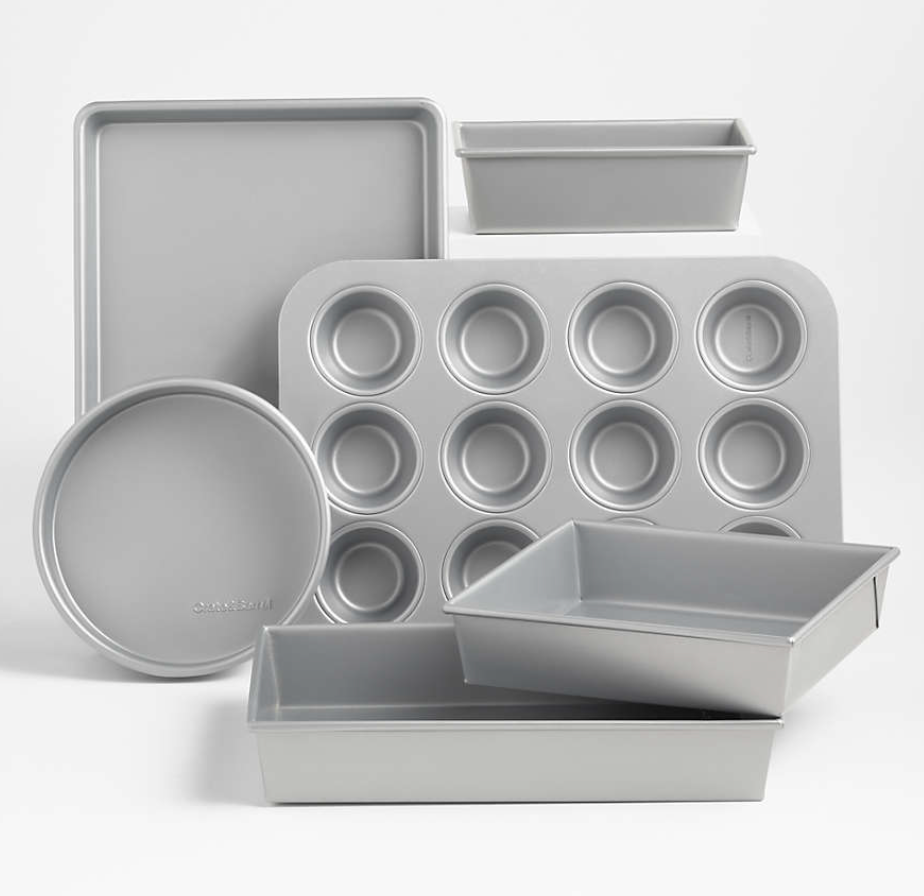 Crate&Barrel Cookware Assortment, 2pcs 9in Round Cake Pan, 9x5in Square Pan, 13.5x9.5in Square Pan, Baking Sheet, Cupcake Pan