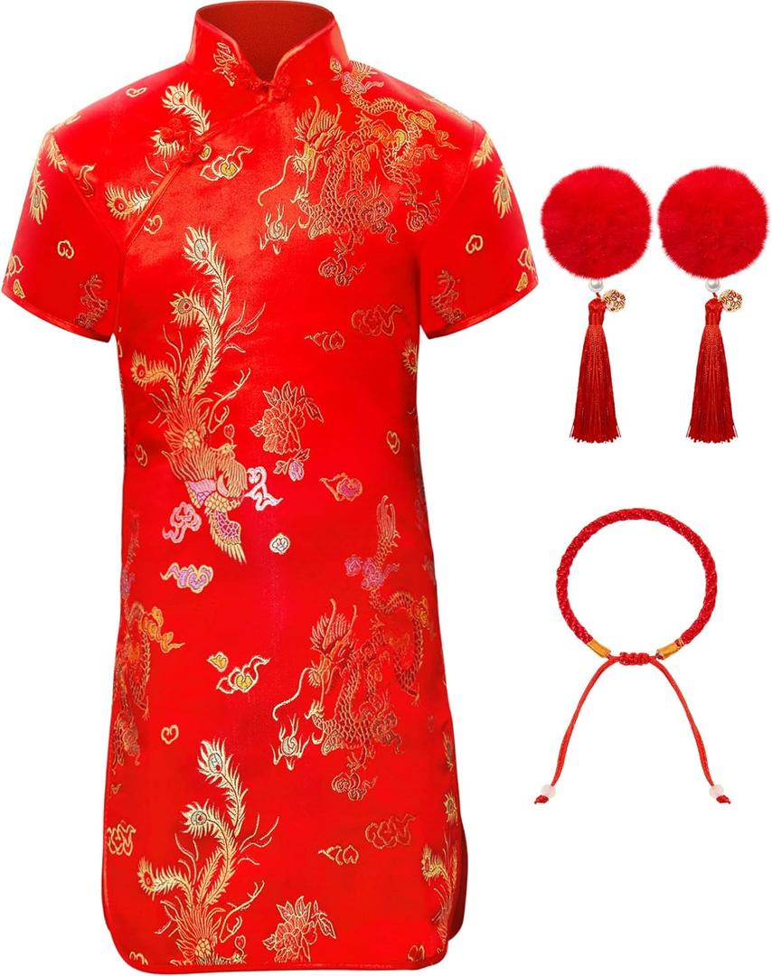Jecery 3 Pcs Chinese New Year Outfit Set for Girl Red Chinese Dress Traditional Qipao Chinese Style Pom Hairpins Red String Bracelet (2T-3T)