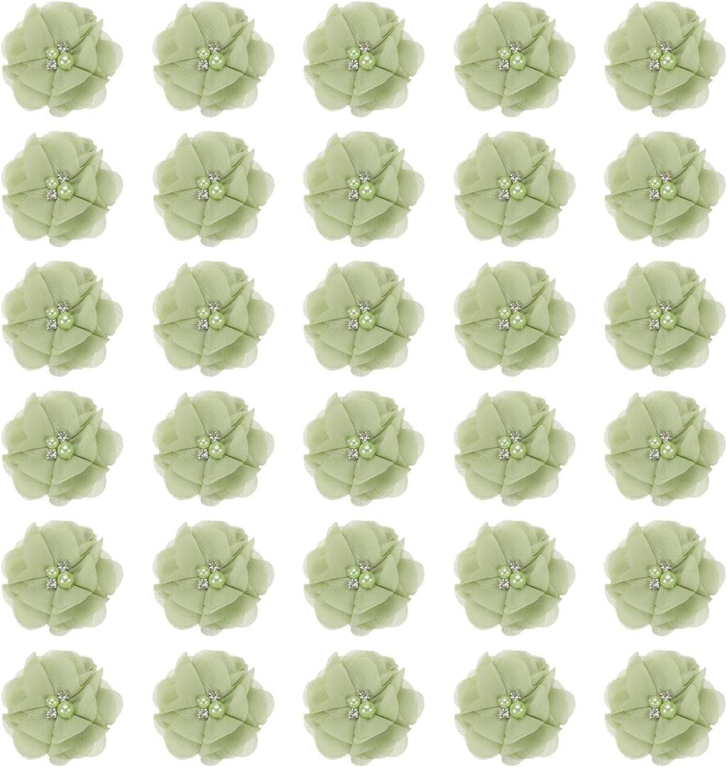 PATIKIL 2 Inch Chiffon Flowers, 30 Pcs Rhinestone Pearl Sewing Fabric Flowers Artificial Appliques Embellishments for Clothing Wedding DIY Craft Headbands Decor, Green