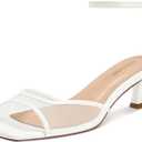 ISNOM Womens Mesh Kitten Heels Sandals Square Toe Ankle Buckle Strap Low Heels Comfort Summer Dress Shoes (White, US 8)