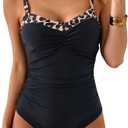 One Piece Swimsuit Tummy Control Color Block Bathing Suits for Women Ruched Slimming Swim Suit Tie Back (Small, Black, Leopard)