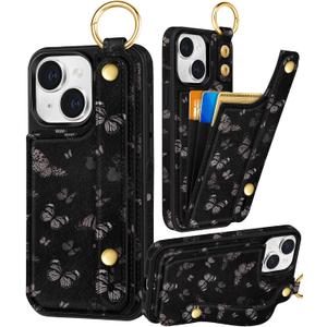 Petitian for iPhone 15 Plus Case with Wallet - Women Girls Cute Girly Aesthetic Unique Design with Leather Credit Card Holder Cardholder Stand Wristband for Apple 15 Plus, Black Butterfly