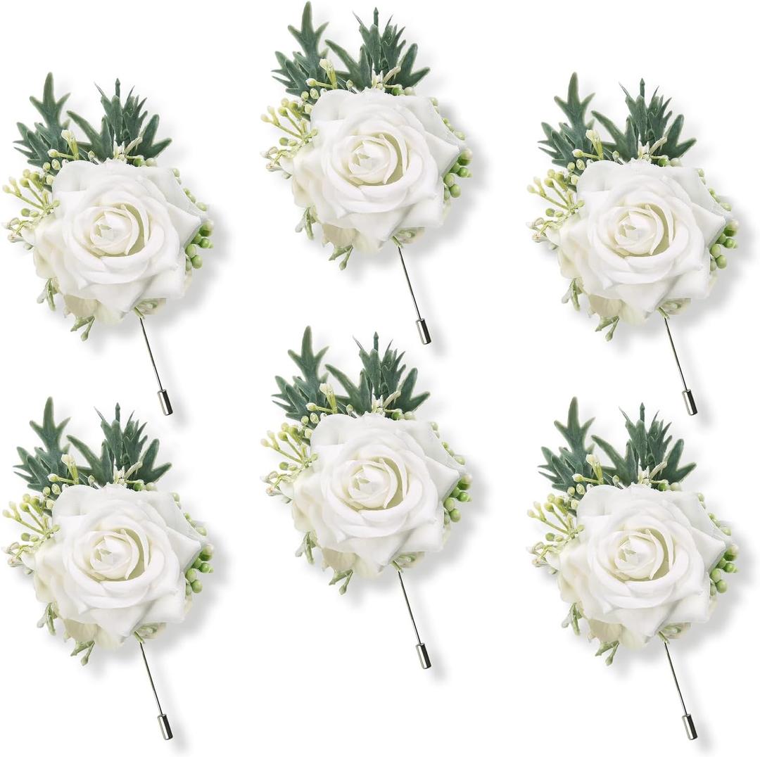 6pcs White Rose Boutonnieres for Wedding Prom Homecoming and Party | Artificial Silk Rose Boutonnieres for Groom and Groomsmen, Men Suit Lapel Decoration