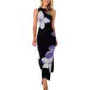 Bodycon Mesh Dresses for Women Sleeveless Midi Floral Tie Dye Dress Side Slit Wedding Cocktail Party Dresses Small, Black