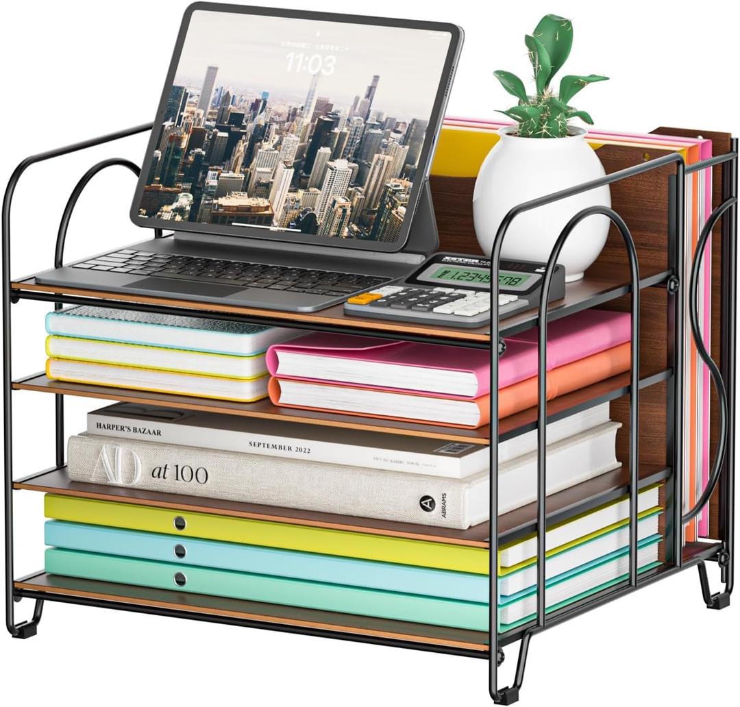 Desk File Organizer, 4-Tier Desk Organizers Wood with 5 A4 File Folders, Letter Size Office Organization, Letter Paper Tray Organizer for Office, School, Home, Black