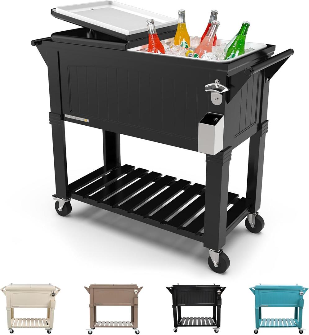 Permasteel 80-Qt Antique Patio Cooler for Outside | Outdoor Beverage Cooler Bar Cart, Rolling Cooler with Wheels and Handles, Wooden Teak Accent, Black