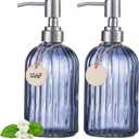 HBlife 2 Pack 16 Oz Refillable Glass Soap Dispenser with 304 Stainless Steel Pump, Vertical Stripe Kitchen Bathroom Dispenser (Blue Grey)