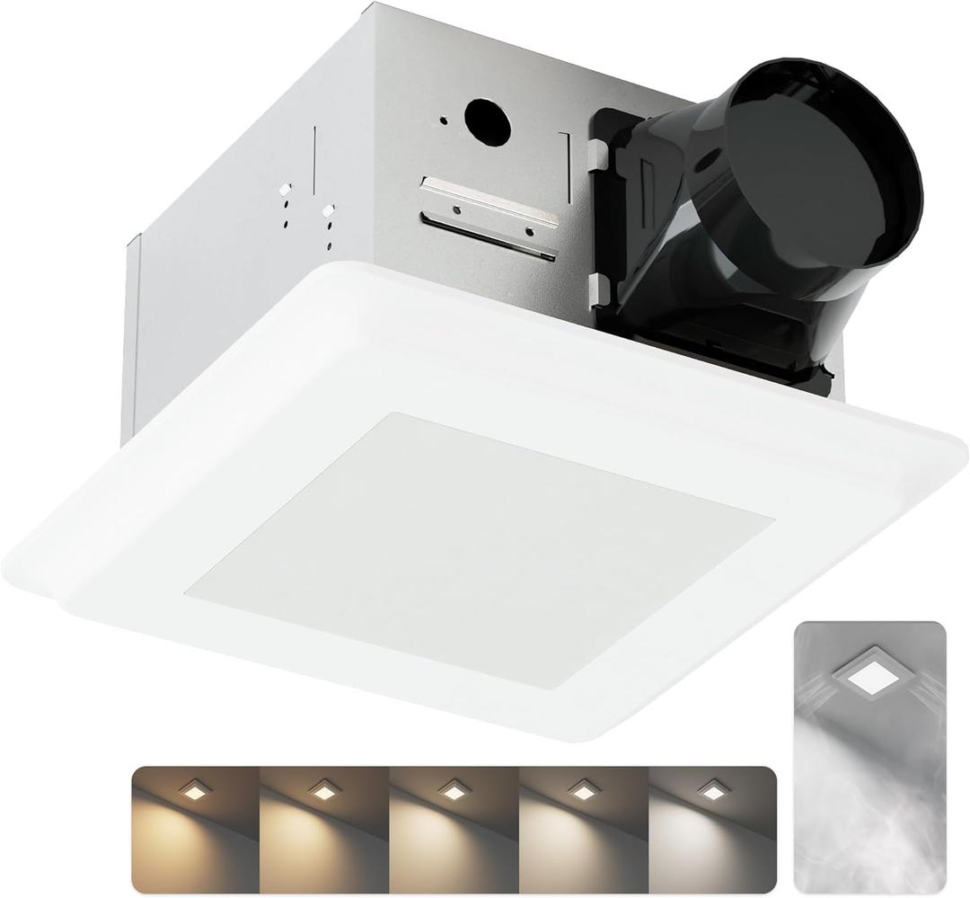 Bathroom Fan with Light and Humidity Sensor: 26W Ceiling Mount Ventilation Fan and LED Light Combo for Bathroom and Home, 100CFM, 5CCT Seletable, Dimmable & Wet Rated, ETL Certified