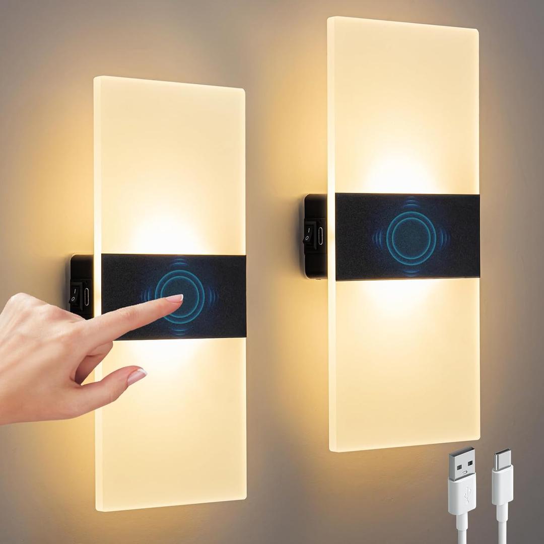 Wall Sconce Set of 2, Touch Control, 4000mAh Battery Operated Bedside Night Light, Dimmable Wall Lights for Bedroom, Rechargeable Magnetic Cordless LED Wall Lamp (Warm White Touch)