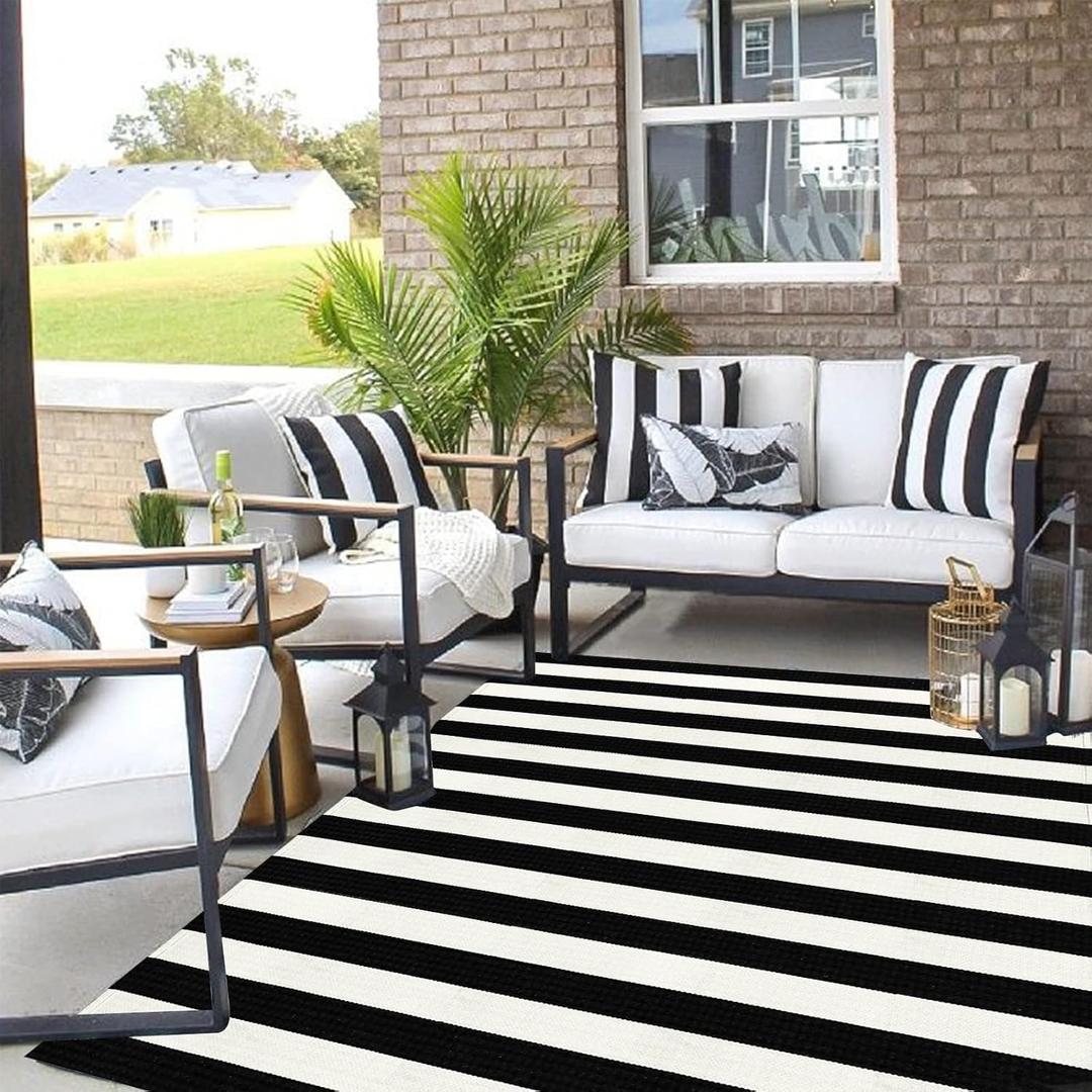 LEEVAN Outdoor Rug 5x7 Black and White Striped Patio Mat, Washable Farmhouse Front Door Decor, Cotton Reversible Balcony Rug, Foldable for Layered Porch
