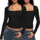 Enerful Women's Square Neck Long Sleeve T Shirts Sexy Slim Fit Crop Tops Basic Tees (Large, 2pack Black*2)