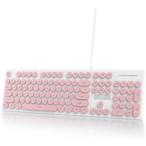 Wired Retro Computer Keyboard, Quiet Typewriter Keyboard, Pink Cute Keyboards Light up with Round Keycaps, LED Backlit,104-key for PC, Laptop(Pink)