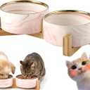 Ceramic Dog and Cat Bowl with Stand, Modern Stone-Effect Ceramic Dog Bowls with Bamboo Stand Non-Slip for Small Medium Dogs, Modern Marble Design, Dishwasher/Microwave Safe (Pink)
