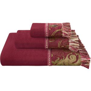 Loom and Mill Luxury Cotton Bath Towel Set 3 Piece-1 Bath Towel 1 Hand Towel 1 Wash Cloth, Ultra Soft Decorative Towel Sets Highly Absorbent for Bathroom, Classic Damask Design(Red)