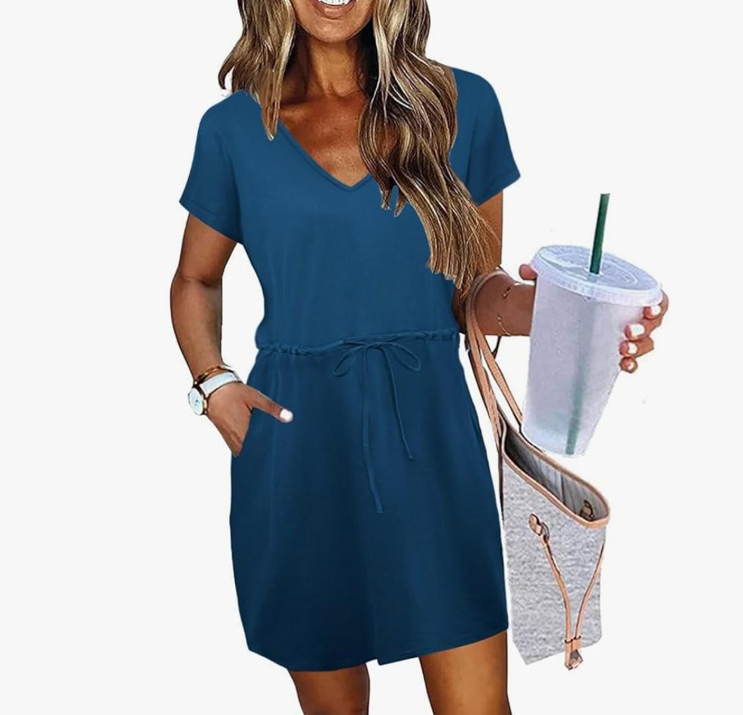 Womens Summer Dresses 2025 Casual Tie Front Short Sleeve A Line Midi Shirt Dress Beach Vacation Clothes, L