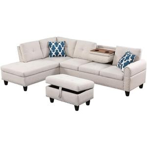 Devion Furniture Polyester Fabric Sectional Sofa, Tufted Design, in Beige Finish
