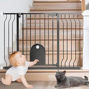 Baby Gate for Stairs with Cat Door - Baby Gate with Pet Door Auto Close 29.5"-48.5" Metal Dog Gate with Cat Door for Doorway/Stairs/House/Walk Through with Includes 2 Extension Pieces and 4 Wall Cups (Black)