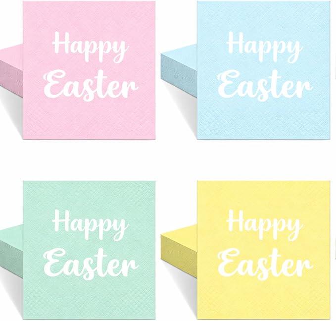 100 Pcs Pastel Happy Easter Paper Napkins 2 Ply 6.5 x 6.5 Inch Disposable Colorful Easter Party Napkins for Spring Dinner Beverage Home Table Decor Party Supplies