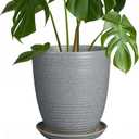 8 Inch Plant Pot Ceramic Planter Pot with Drainage Hole and Saucer Modern Round Flower Pot for Indoor Plants Light Gray (Matte Gray Pitting)