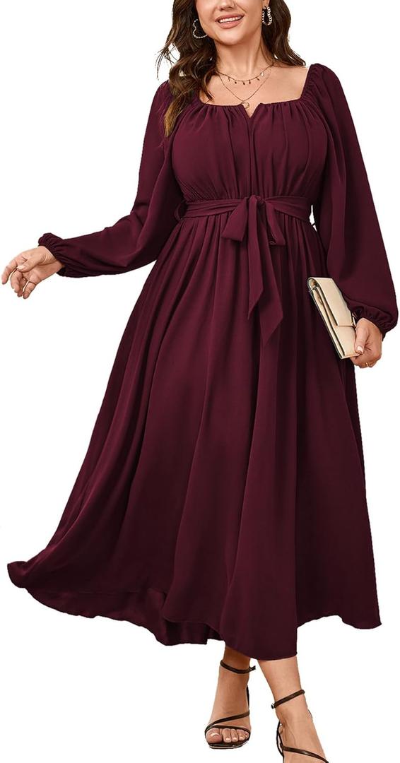 SCOMCHIC Women Plus Size Maxi Dress Long Sleeve Square Neck Wedding Guest Cocktail Belted Elegant Flowy A Line Long Dresses (Burgundy), Size Large Plus