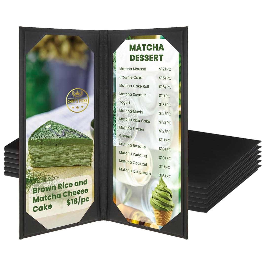 Menu Holder PU Leather Menu Covers 4.25" X 11" Black Ticket Holder for Restaurant, Coffee Bar, Wine List (2 View, 4 Pack)