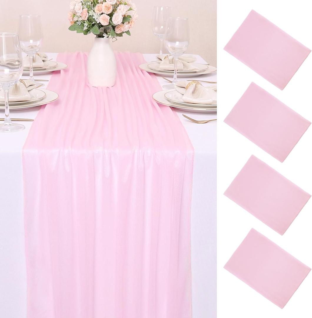4 Pcs 10FT Blushing Pink Chiffon Table Runners 30x120 Inches Spring Boho Rustic Tulle Sheer Table Runner for Wedding Bridal Baby Shower Birthday Party Decorations
